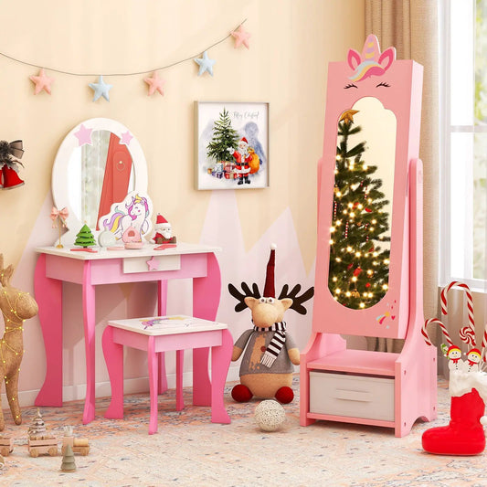 Kids jewelry cabinet with full-length unicorn-motif mirror in pink, vanity desk and stool on Tampa Home & Garden Store