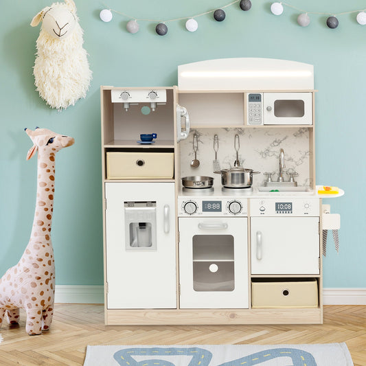 Kids Kitchen Playset with Adjustable LED Lights Removable Fabric Bins-White - Tampa Home & Garden Store