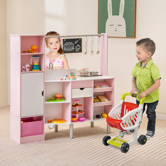 2-in-1 Double-sided Kids Kitchen and Market with Realistic Light and Sound-Pink - Tampa Home & Garden Store