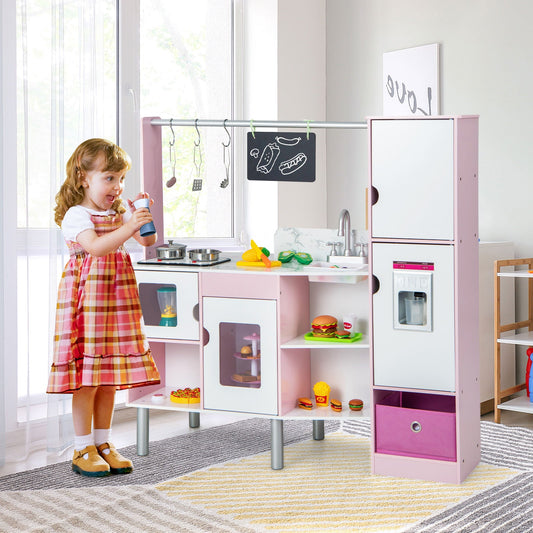 2-in-1 Double-sided Kids Kitchen and Market with Realistic Light and Sound-Pink - Tampa Home & Garden Store