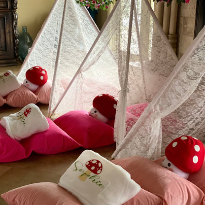 Dainty Lace Kids Teepee Tent in white ivory with pink cushions and mushroom plushies, trio tents on Tampa Home & Garden Store
