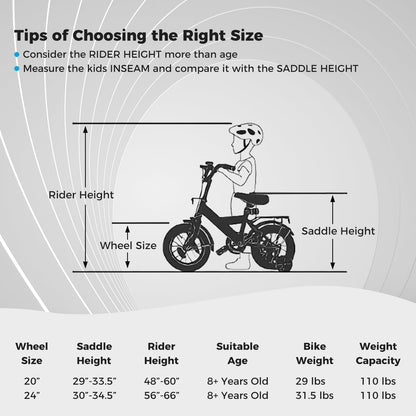 GemGear kids mountain bike sizing guide with rider diagram and 20–24 in wheel size on Tampa Home & Garden Store
