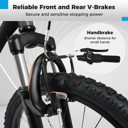 GemGear kids mountain bike wheel view, black frame, knobby tire, suspension fork, V-brake lever on Tampa Home & Garden Store