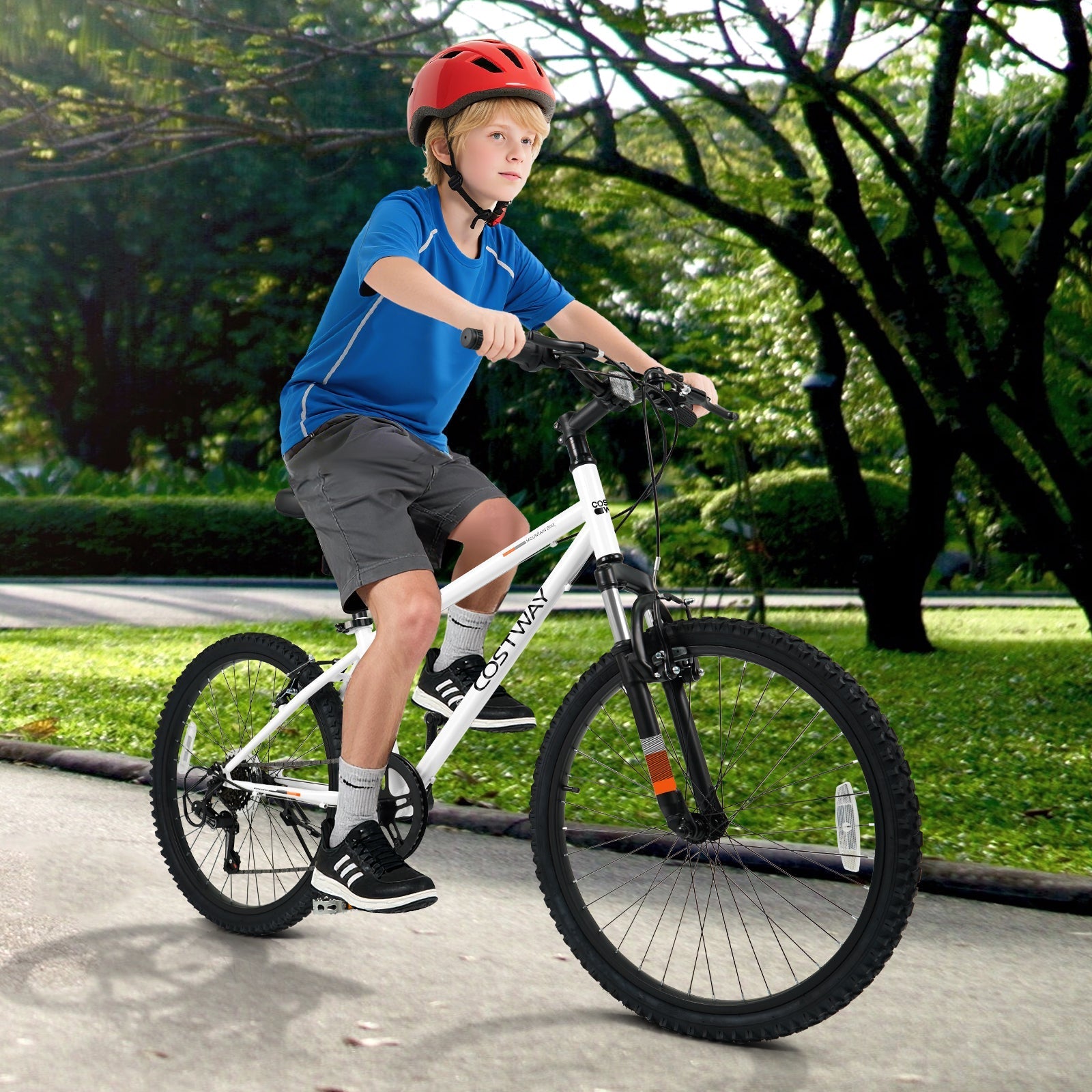 GemGear kids mountain bike white frame with 20–24in wheels, rider in blue shirt and red helmet on Tampa Home & Garden Store