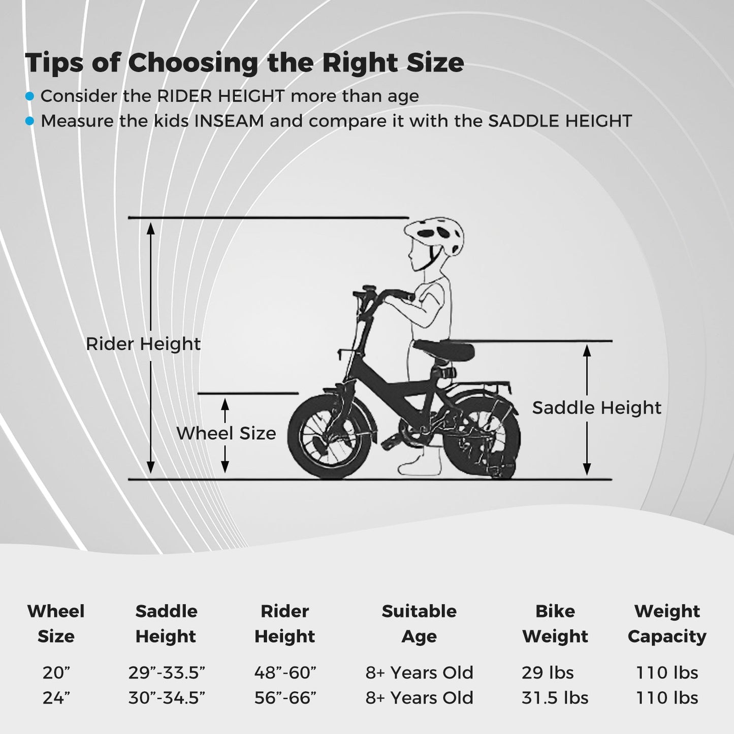GemGear kids mountain bike 20/24in size guide with rider and measurement arrows on Tampa Home & Garden Store