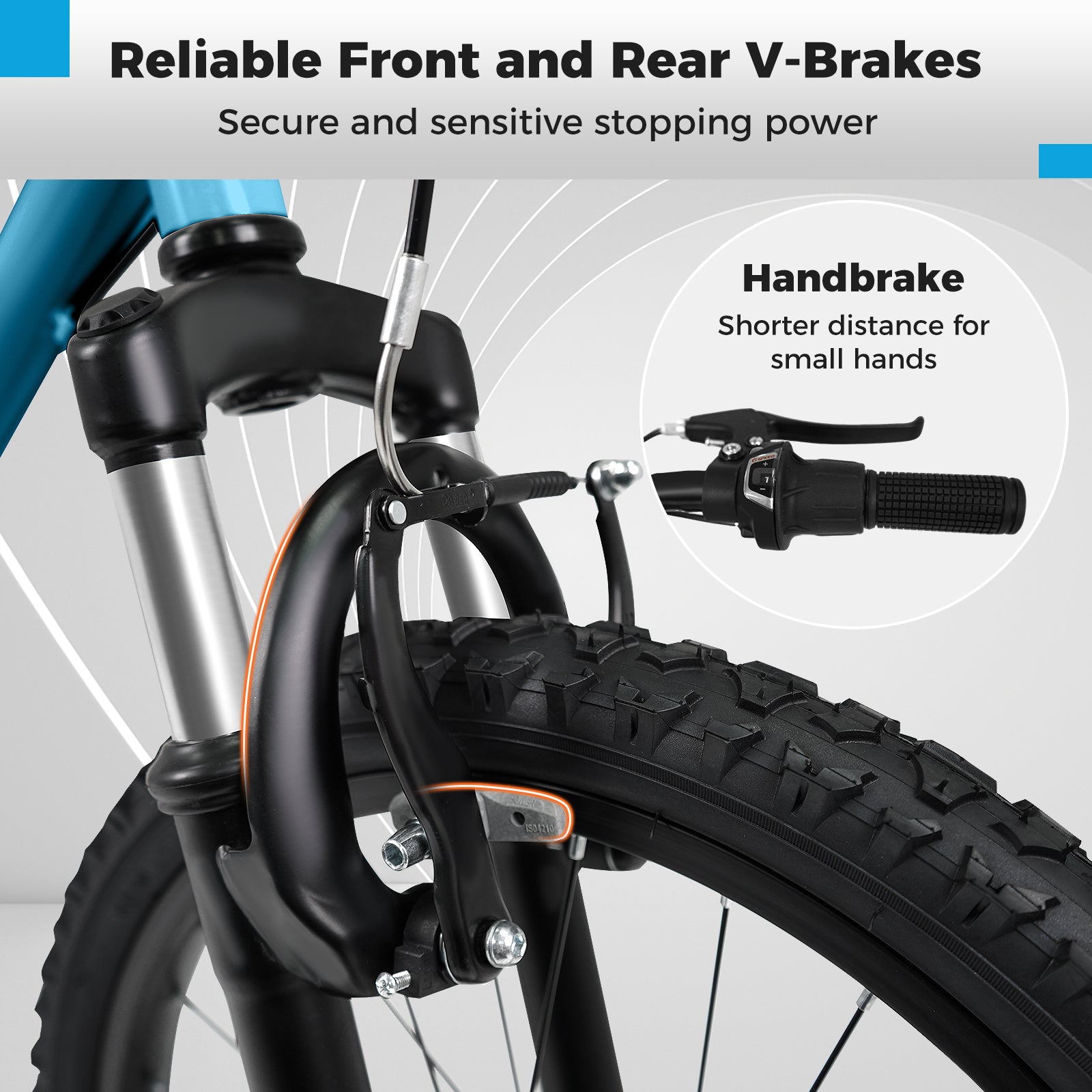 Kids mountain bike front wheel with blue frame, rugged knobby tire and V-brake caliper on Tampa Home & Garden Store