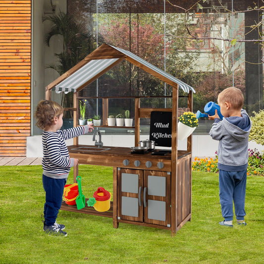 Kid's Mud Kitchen Outdoor Solid Wood Mud Kitchen with Canopy-Natural - Tampa Home & Garden Store