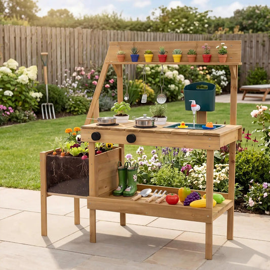Wooden mud kitchen play set for kids with planter box; natural wood, pots, sink, and utensils on Tampa Home & Garden Store
