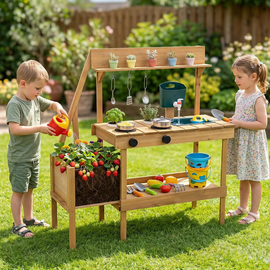 Wooden Mud Kitchen with Planter Box for Kids DirectDeals kitchen with sink and utensils on Tampa Home & Garden Store