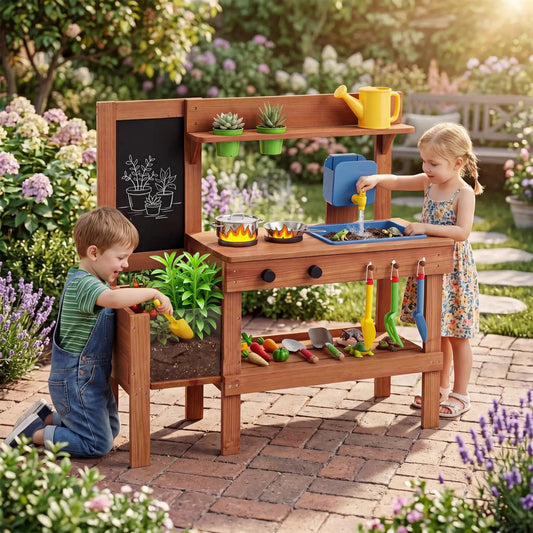 DirectDeals wooden kids mud kitchen with planter box and 13 accessories, outdoor play set on Tampa Home & Garden Store