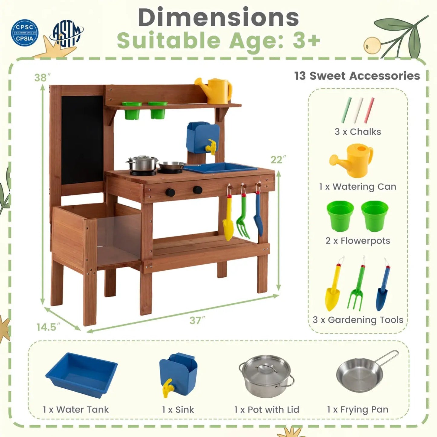 Kids Mud Kitchen with Planter Box and Accessories