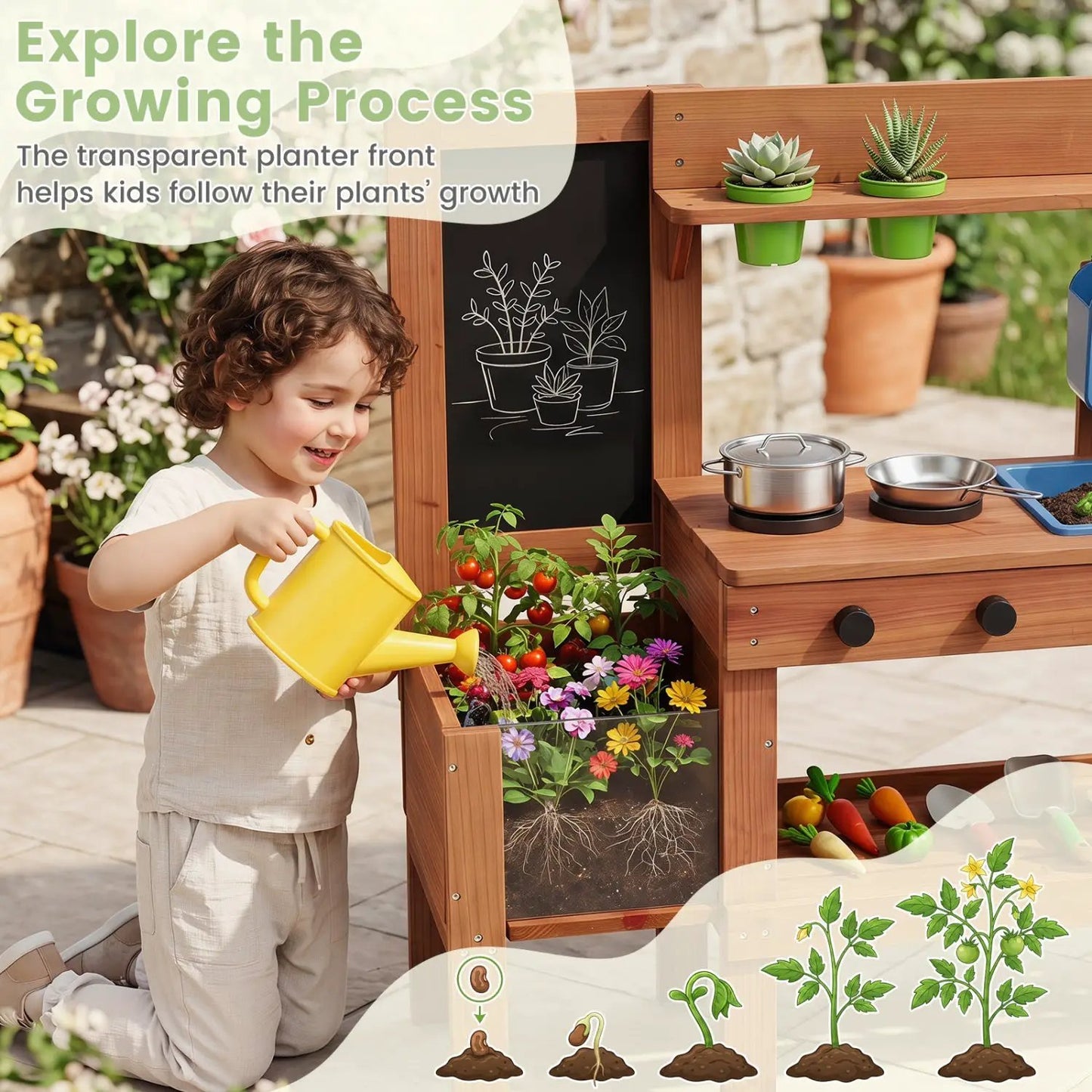 Kids Mud Kitchen with Planter Box and Accessories