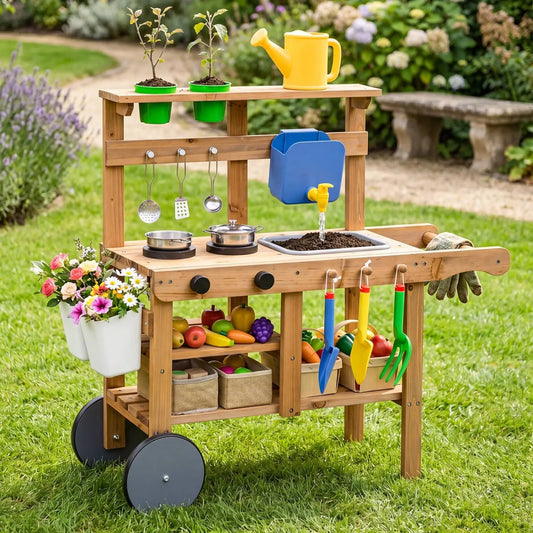 Kids Mud Kitchen with Water Tank, Sink & 15 Accessories, outdoor kitchen with blue water bucket on Tampa Home & Garden Store