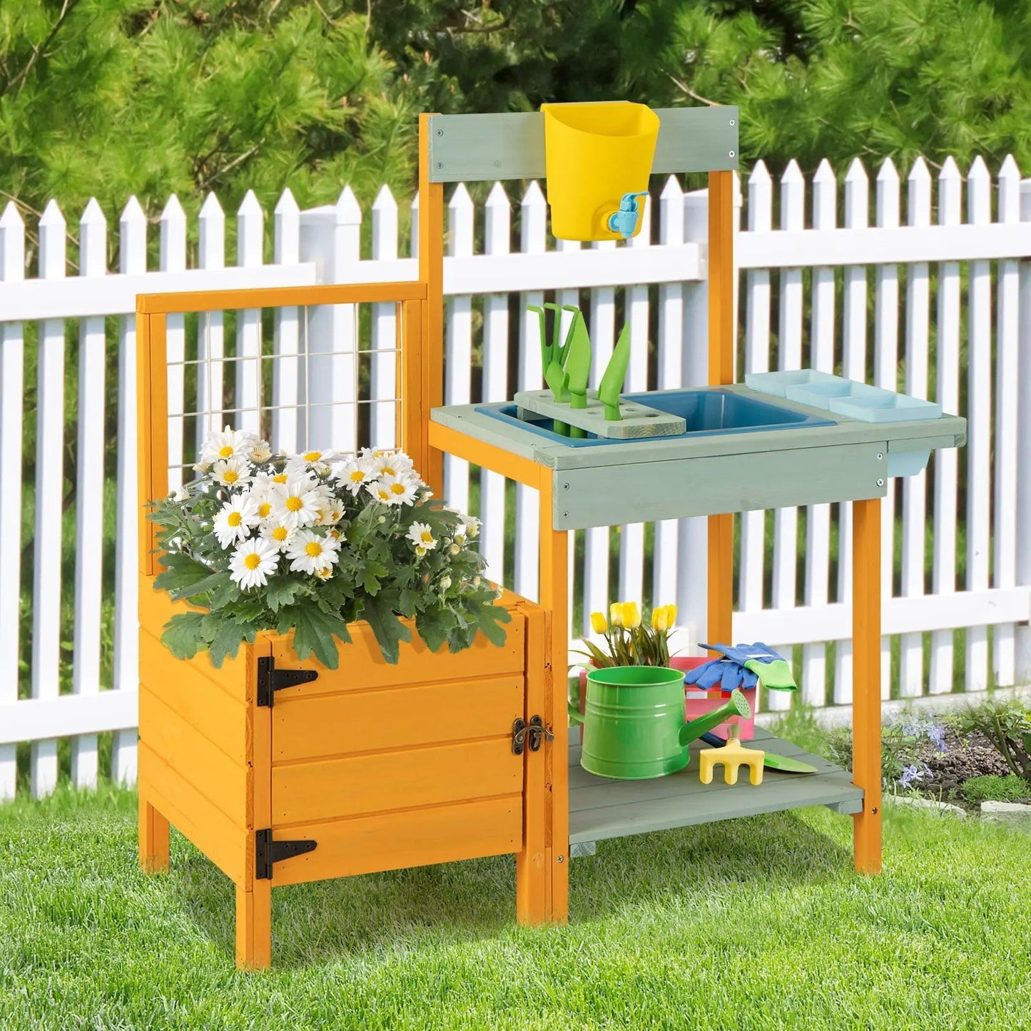 Kids outdoor potting bench with see-through window, orange frame and green surface on Tampa Home & Garden Store