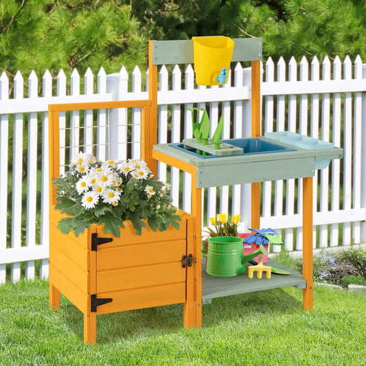 Kids outdoor potting bench with see-through window, orange frame and green surface on Tampa Home & Garden Store