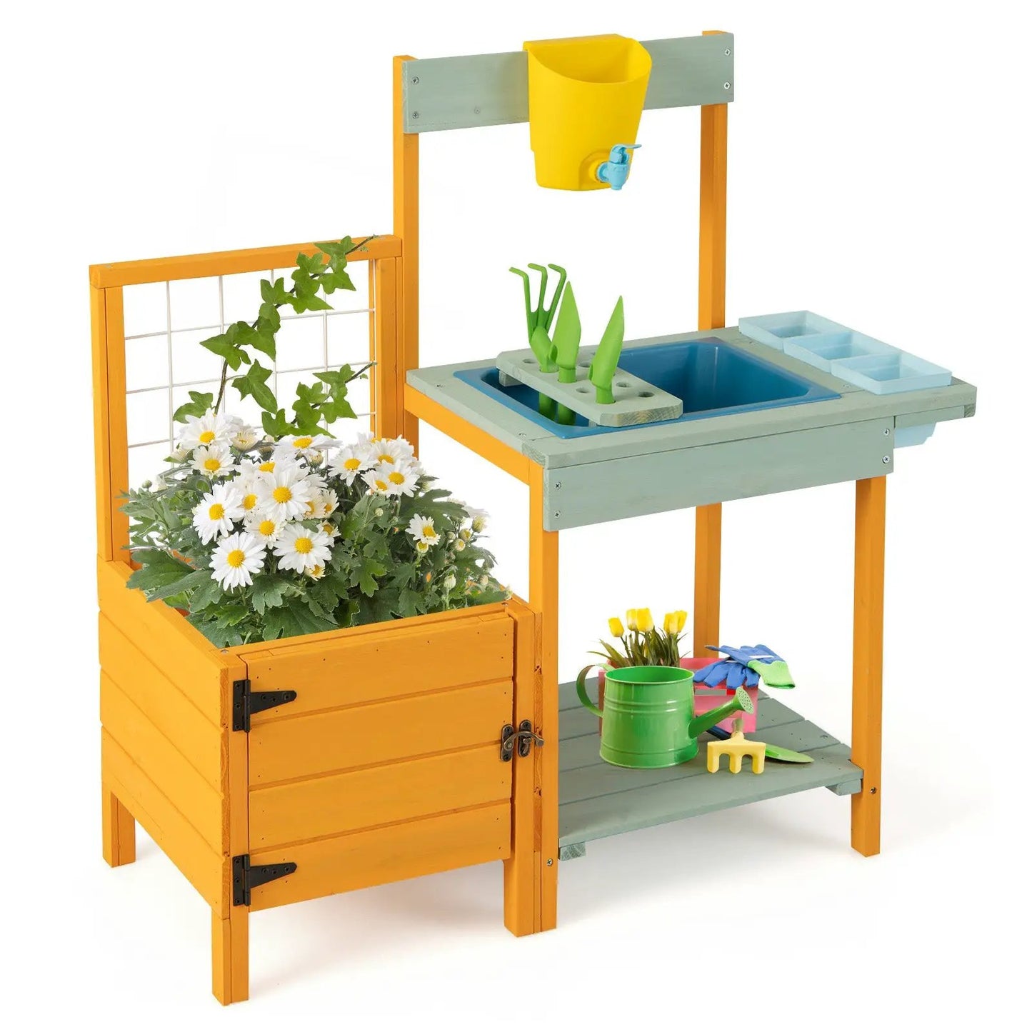 Kids outdoor potting bench with window, yellow frame, mint shelves, blue sink and tools on Tampa Home & Garden Store