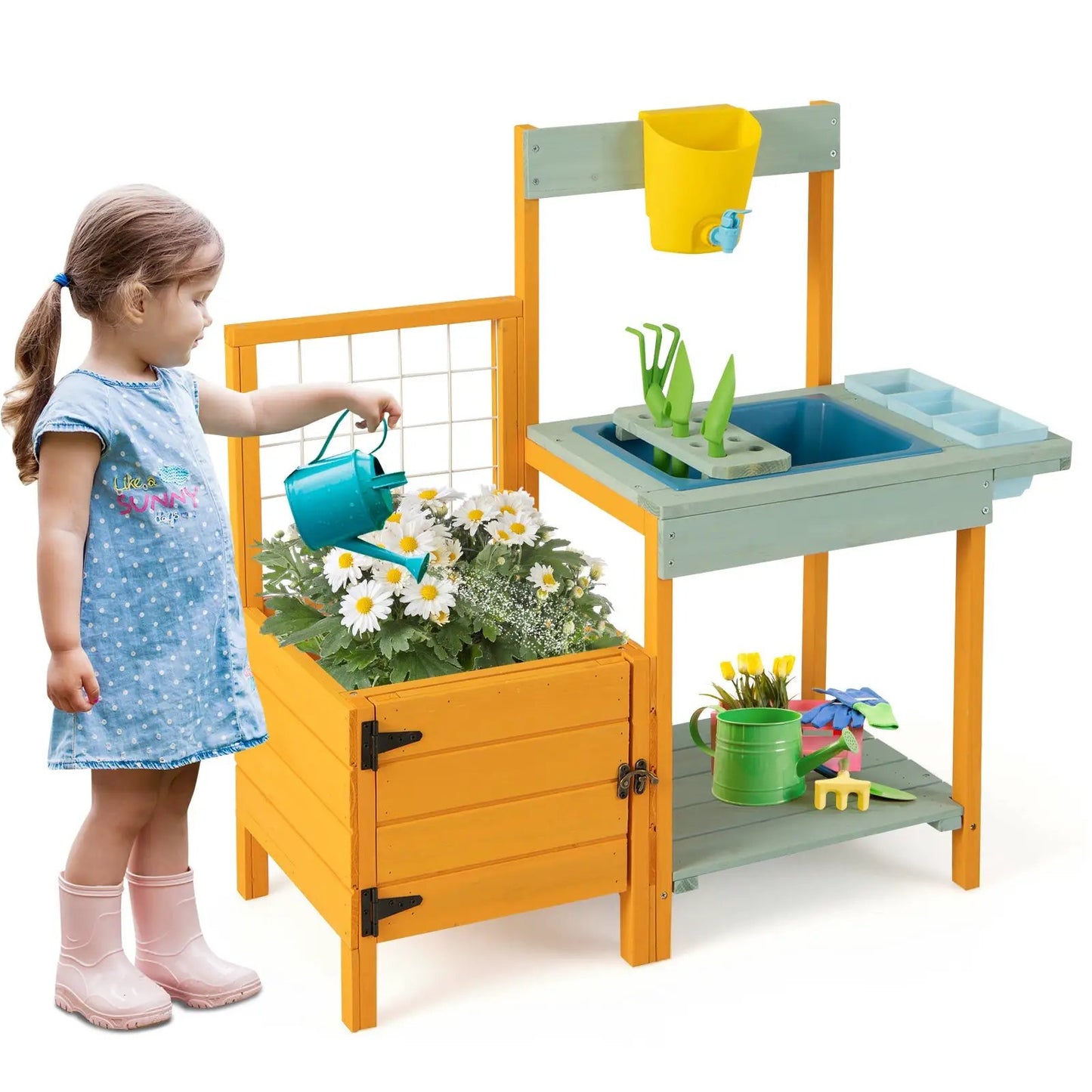 Kids Outdoor Potting Bench with See-Through Window in orange and green with sink and tools on Tampa Home & Garden Store