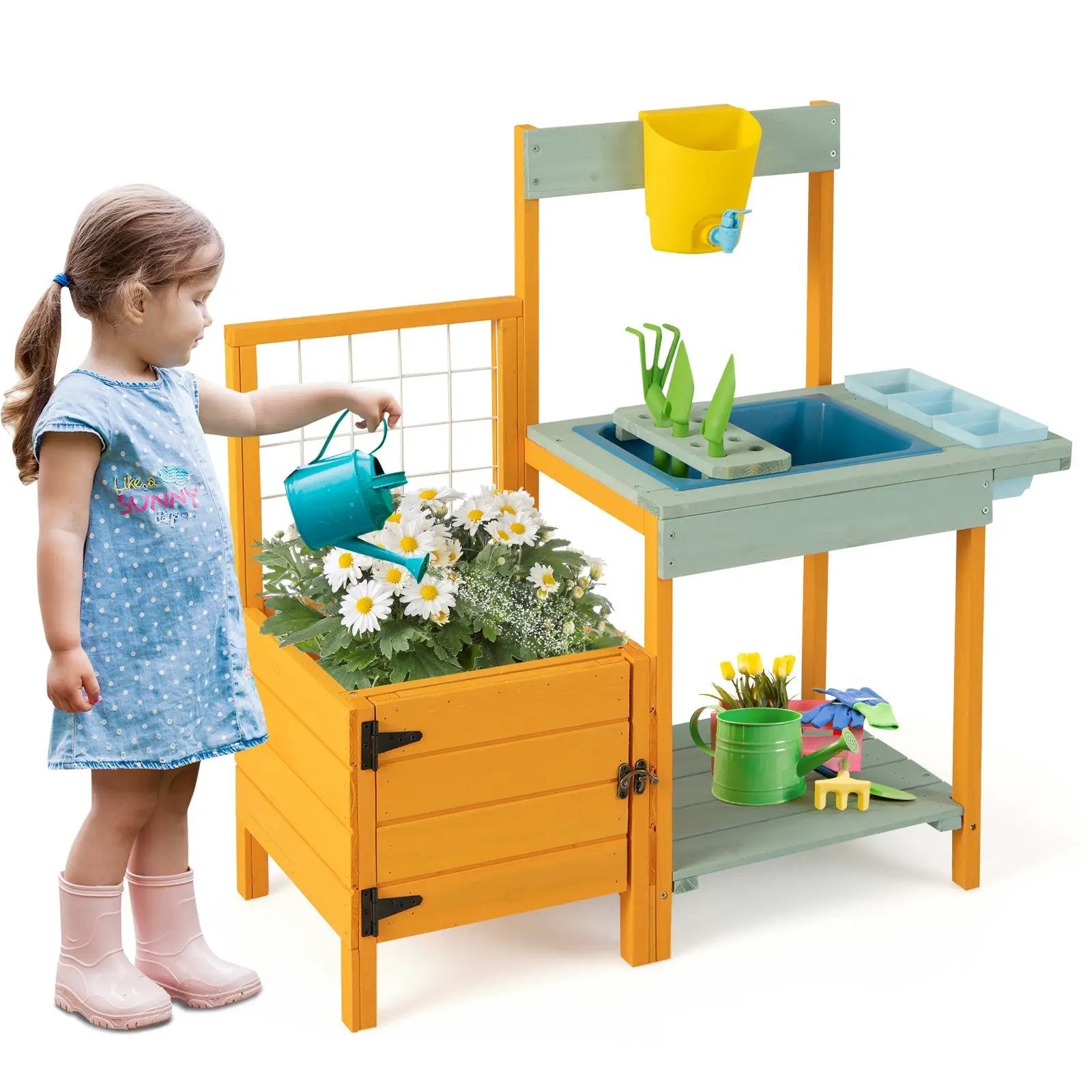 Kids Outdoor Potting Bench with See-Through Window in orange and green with sink and tools on Tampa Home & Garden Store