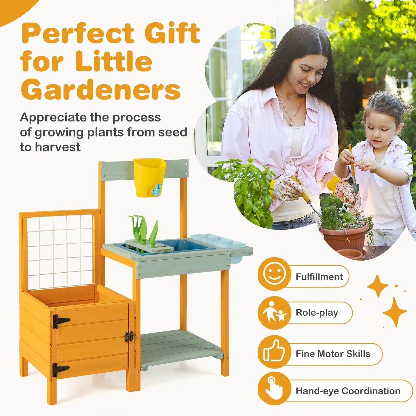 Kids Outdoor Potting Bench with Window orange frame teal shelf yellow bucket on Tampa Home & Garden Store