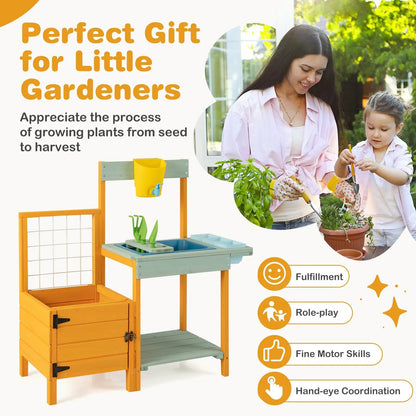 Kids Outdoor Potting Bench with Window orange frame teal shelf yellow bucket on Tampa Home & Garden Store