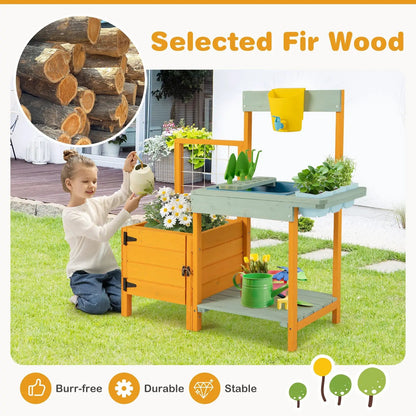 Kids Outdoor Potting Bench with See-Through Window, orange frame and pale-green shelves on Tampa Home & Garden Store
