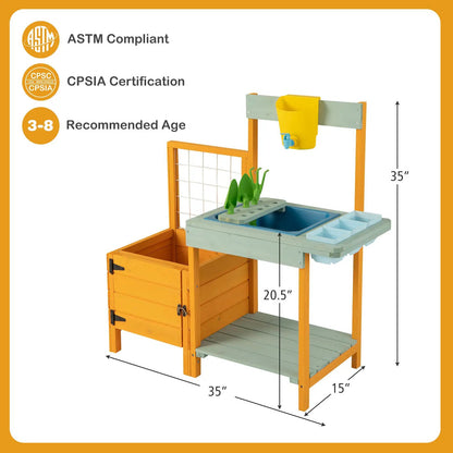 Kids outdoor potting bench with see-through window, orange frame and mint-green top DirectDeals on Tampa Home & Garden Store