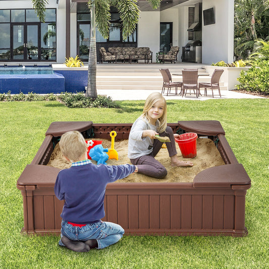 Kids Outdoor Sandbox with Oxford Cover and 4 Corner Seats - Tampa Home & Garden Store