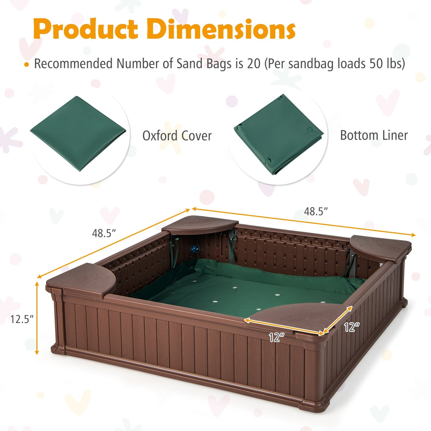 Kids Outdoor Sandbox with Oxford Cover and 4 Corner Seats