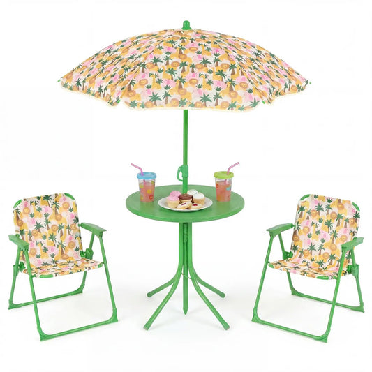Kids Outdoor Table and Chair Set with 2 Folding Chairs and Umbrella, green frame on Tampa Home & Garden Store