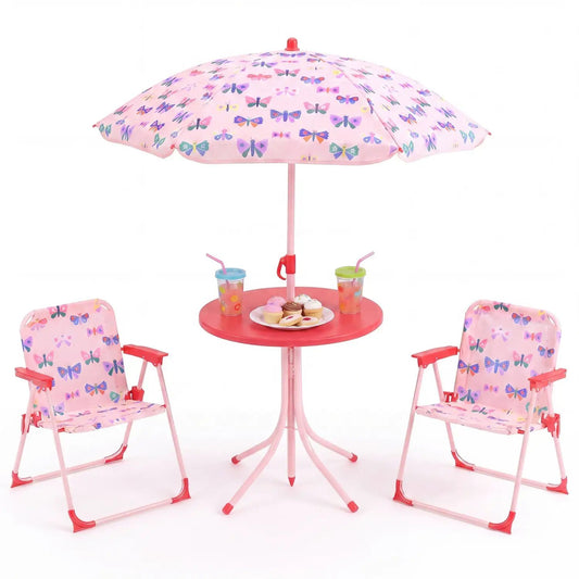 Kids outdoor table and chair set with 2 pink butterfly-print folding chairs and umbrella on Tampa Home & Garden Store