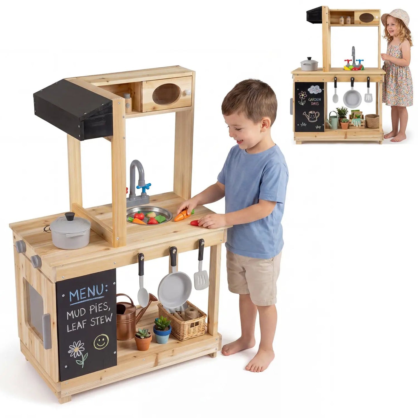 Wooden Mud Kitchen with Stove and Chalkboard