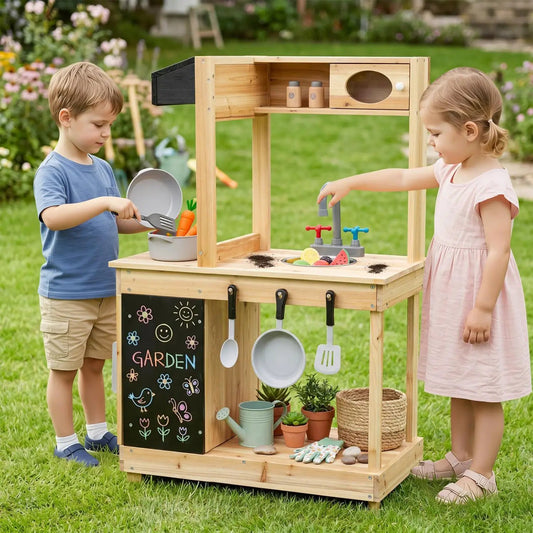 Wooden Mud Kitchen Playset with Stove and Chalkboard by DirectDeals, kid-sized outdoor play kitchen on Tampa Home & Garden Store