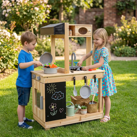Wooden mud kitchen playset by DirectDeals for two kids with stove and chalkboard on Tampa Home & Garden Store