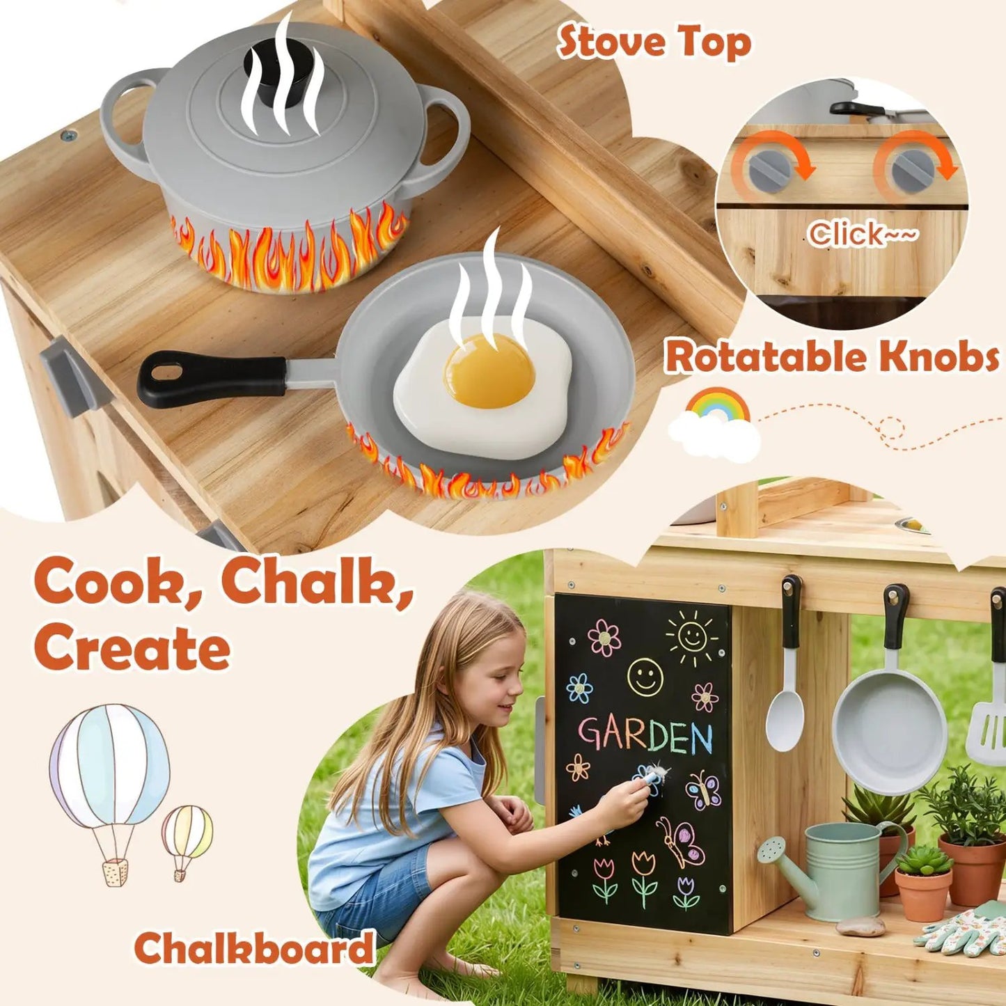 Wooden Mud Kitchen with Stove and Chalkboard