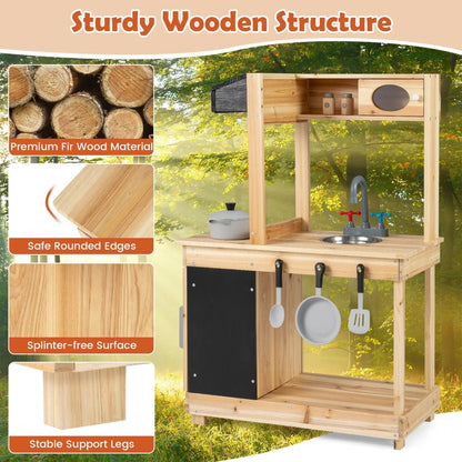 Wooden Mud Kitchen with Stove and Chalkboard