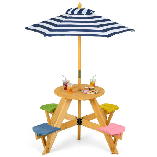 Kids picnic table with four stools and foldable umbrella, blue striped canopy on Tampa Home & Garden Store