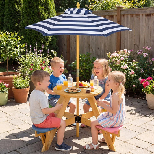 Kids picnic table with 4 stools and navy striped umbrella by DirectDeals for backyard on Tampa Home & Garden Store