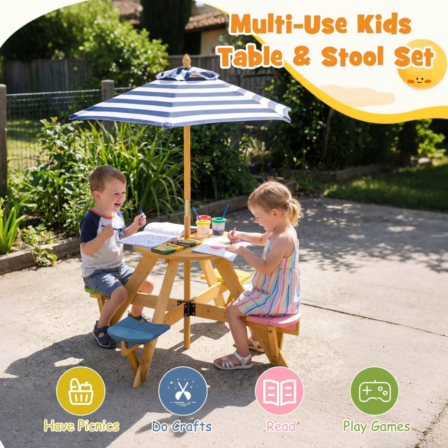 Kids Picnic Table With Stools and Umbrella