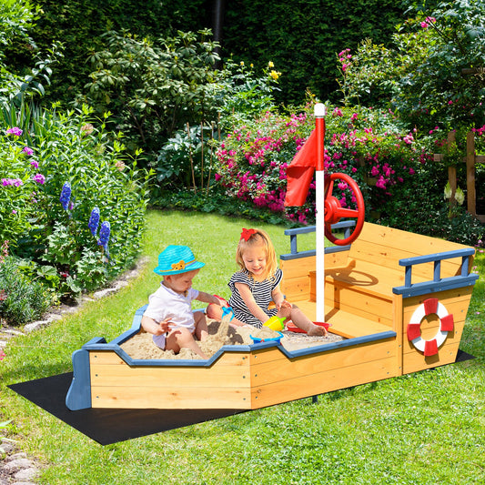 Kids Pirate Boat Wooden Sandbox Children Outdoor Playset - Tampa Home & Garden Store