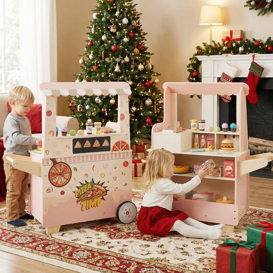 Kids Pizza Food Truck Wooden Pretend Play Snack Cart with Oven-Pink - Tampa Home & Garden Store