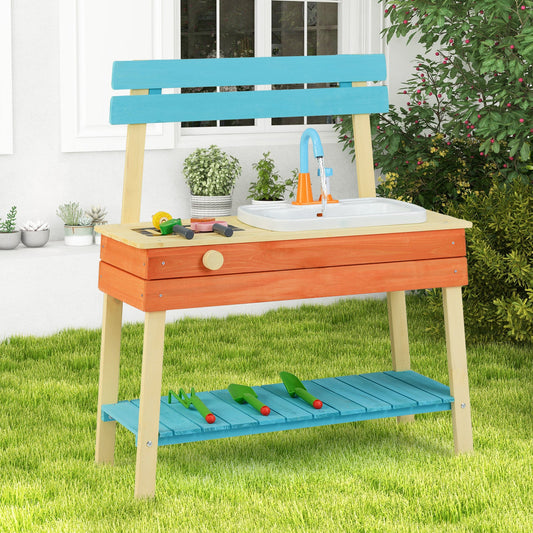 Kids Play Kitchen Set Wooden Kitchen Playset Chef Pretend Mud Kitchen-Blue - Tampa Home & Garden Store