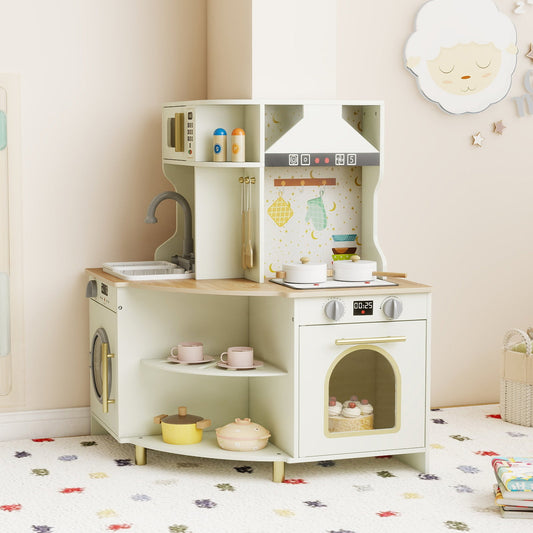 Kids Play Kitchen Wooden Corner Kitchen Playset with Working Faucet and Sink-Beige - Tampa Home & Garden Store