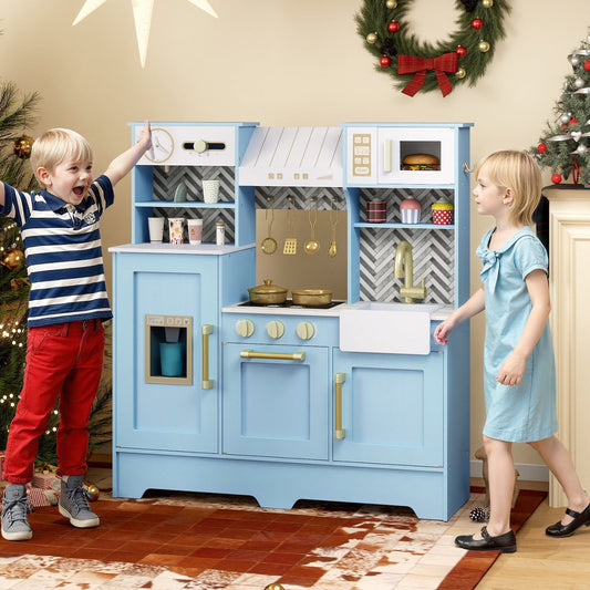 Kids play kitchen by DirectDeals in light blue with stove, oven and sink two kids playing on Tampa Home & Garden Store