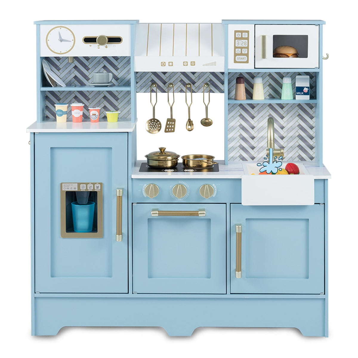 Kids Play Kitchen blue with stoves, faucet, microwave and hanging utensils DirectDeals on Tampa Home & Garden Store