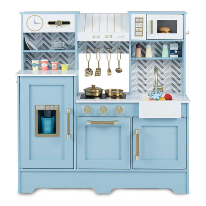 Kids Play Kitchen blue with stoves, faucet, microwave and hanging utensils DirectDeals on Tampa Home & Garden Store