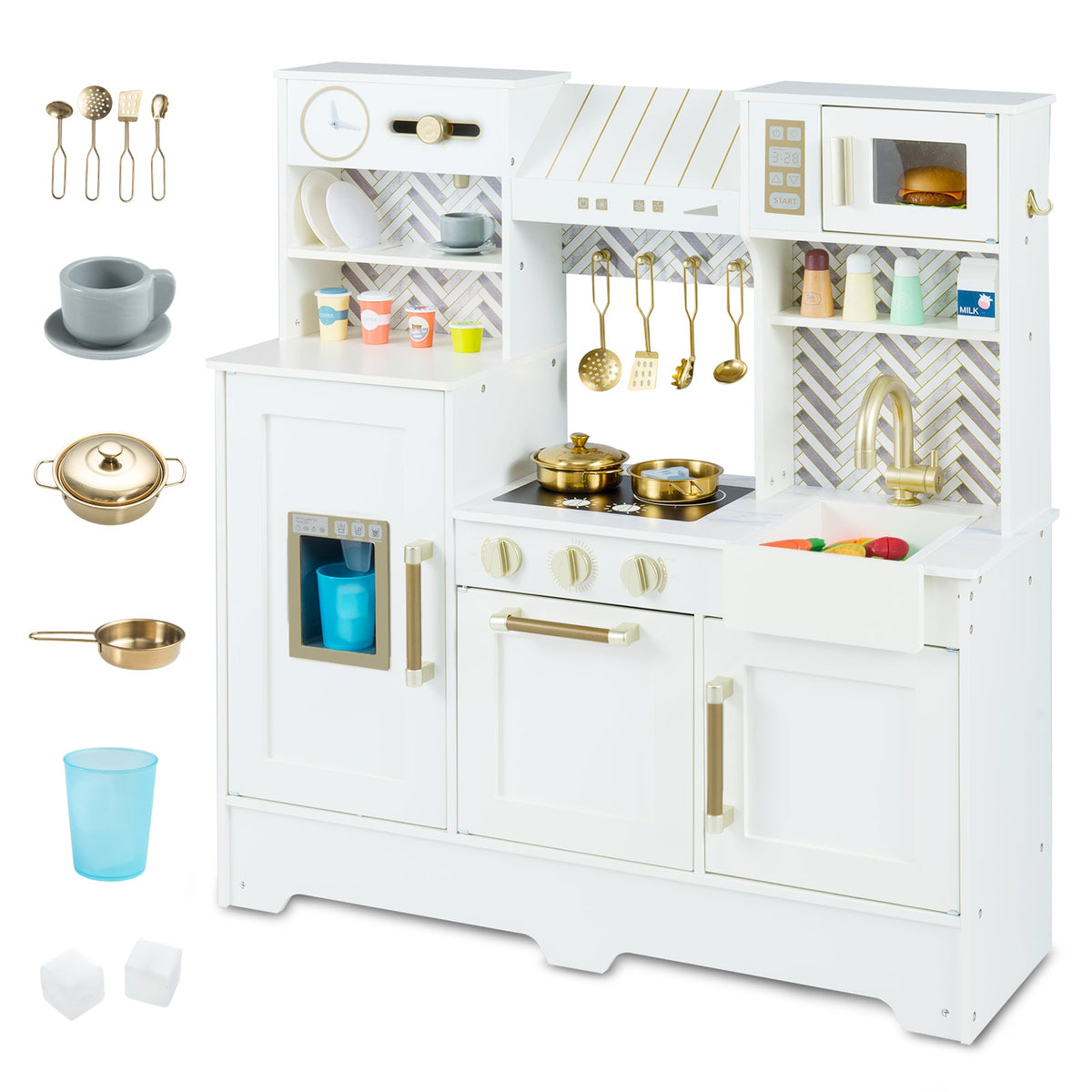 DirectDeals Kids Play Kitchen with Stoves and Faucet, gold accents, 5-piece utensil set on Tampa Home & Garden Store
