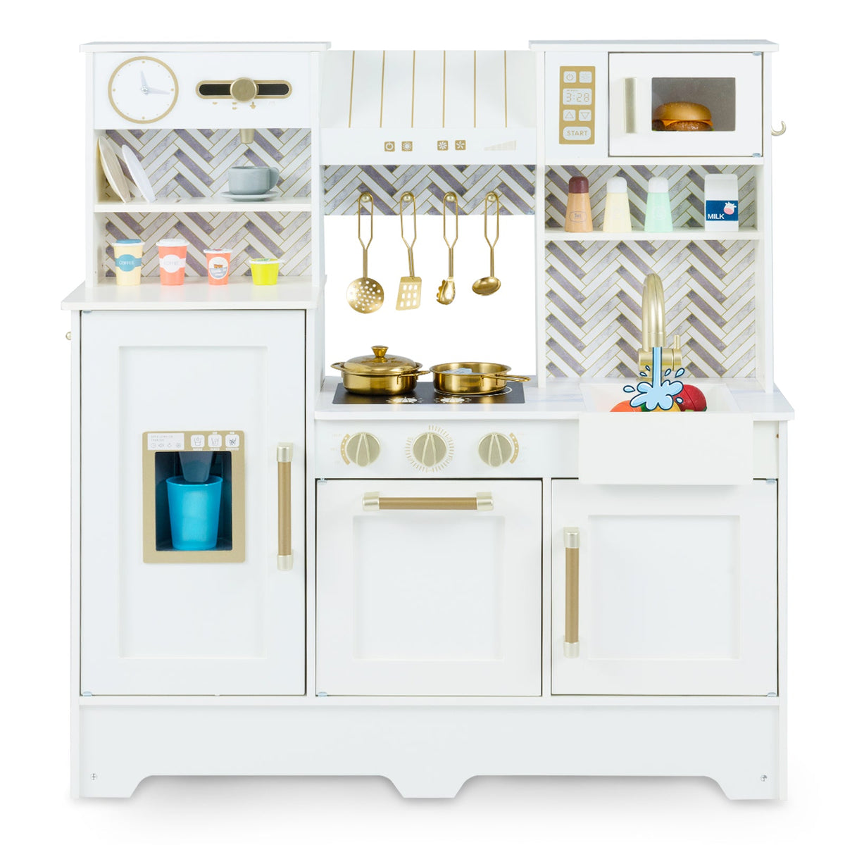 Kids Play Kitchen with Stoves and Faucet white with gold accents and tiled backsplash on Tampa Home & Garden Store