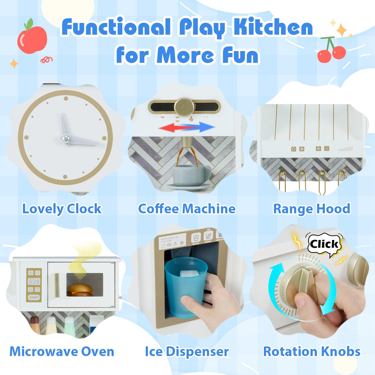 Kids Play Kitchen with stoves and faucet by DirectDeals; 6 accessories: coffee machine and clock on Tampa Home & Garden Store