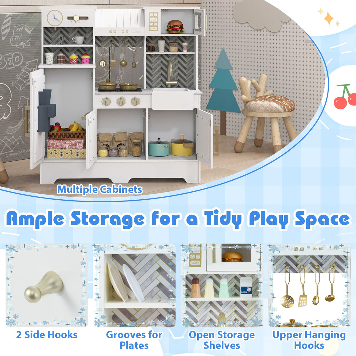 Kids play kitchen by DirectDeals white with stoves and faucet open cabinets and hanging utensils on Tampa Home & Garden Store