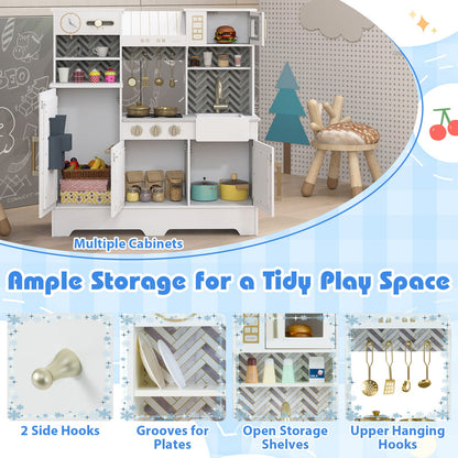 Kids play kitchen by DirectDeals white with stoves and faucet open cabinets and hanging utensils on Tampa Home & Garden Store